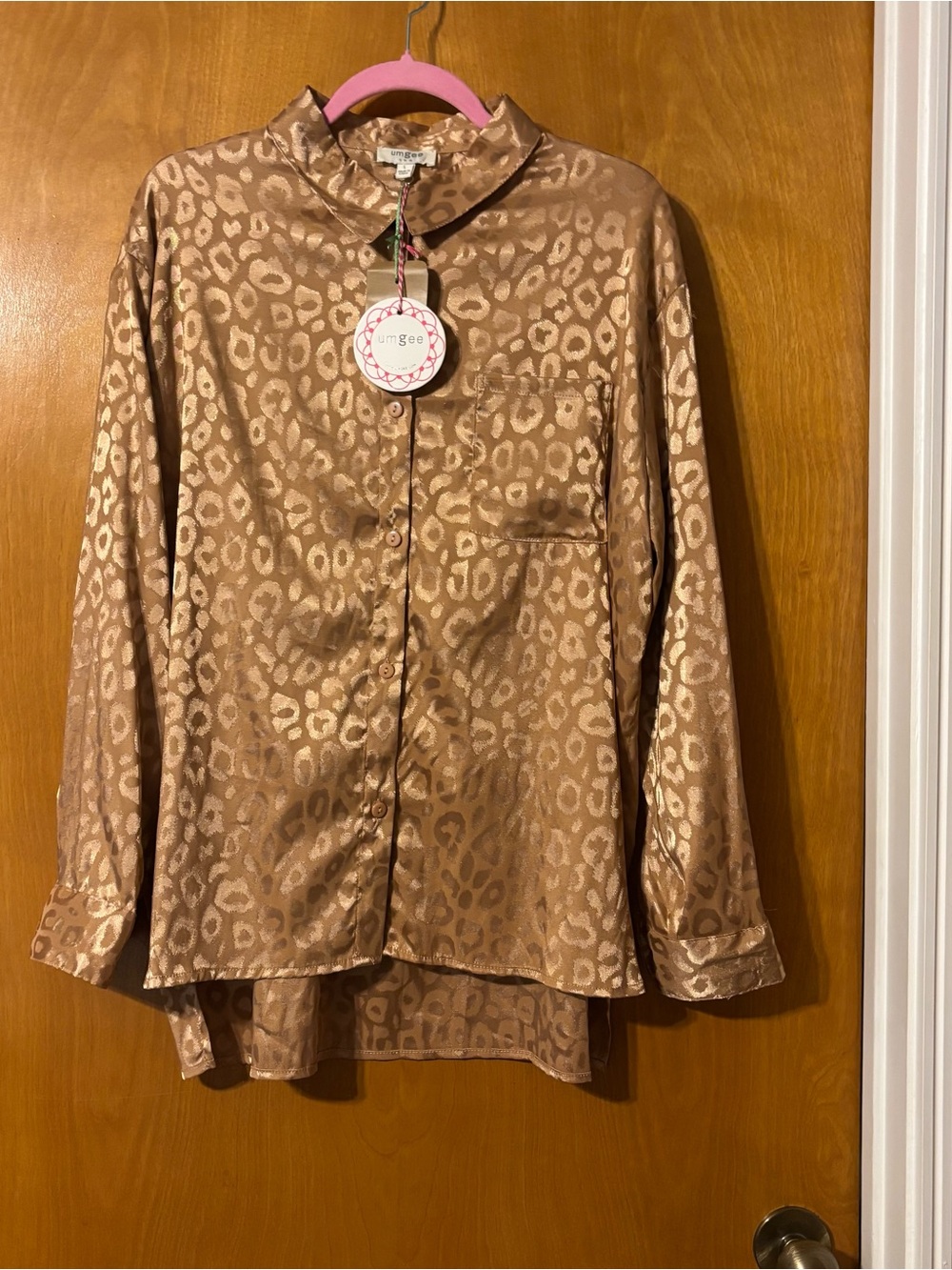 Umgee Bronze Metallic Leopard Satin Button-Up Blouse